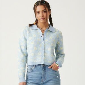 Motel Mushroom Cardigan Fairycore Y2K Whimsy Pastel Blue Cropped Knit Size S